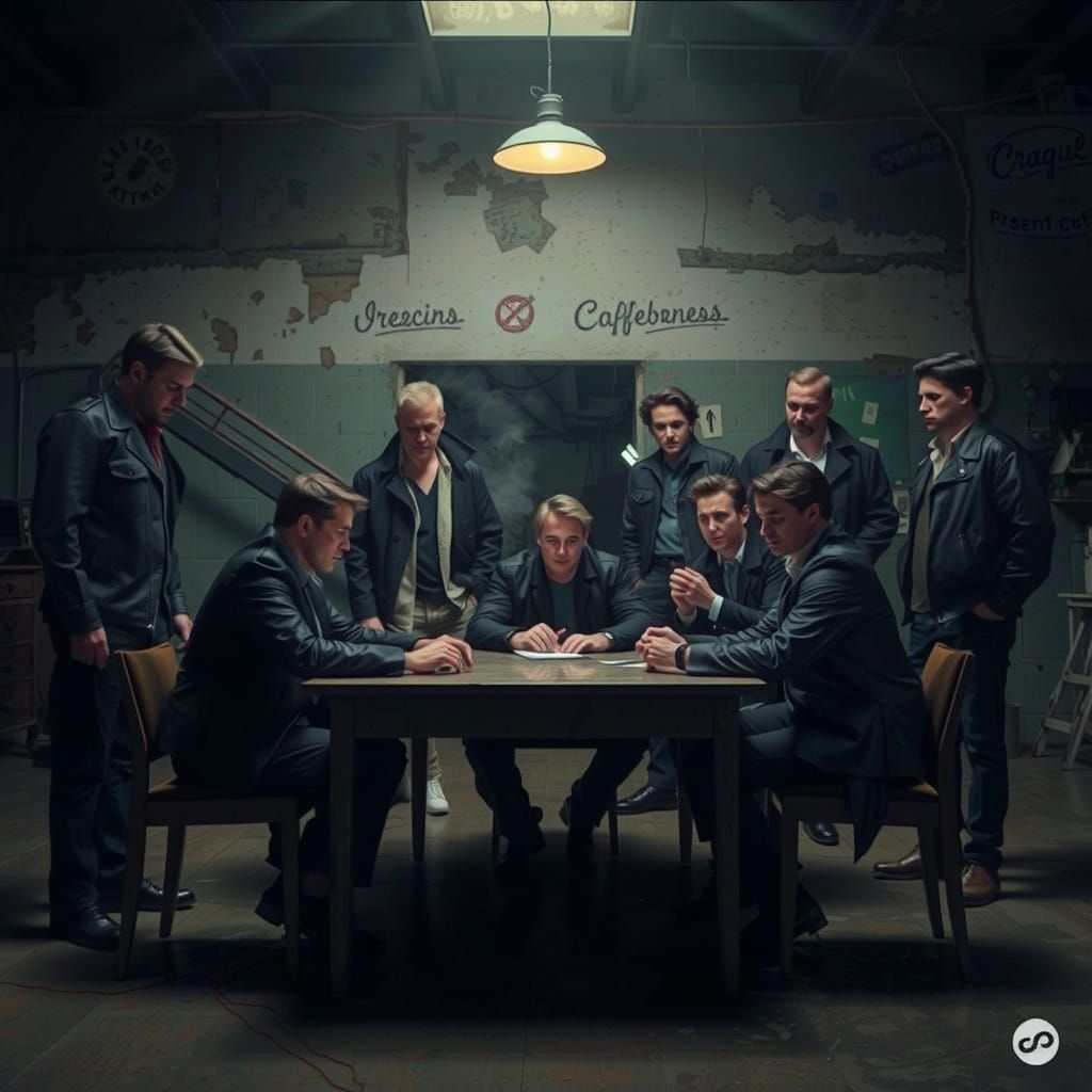 Gritty Noir Meeting in Shadowy Warehouse Office