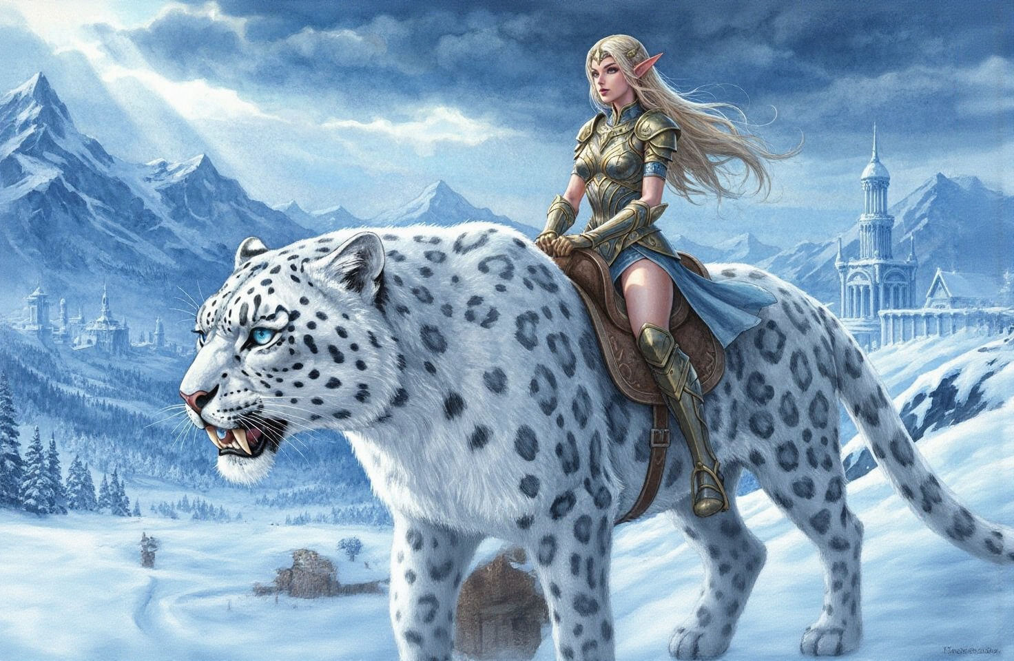 
A majestic white snow leopard with piercing blue eyes and sabertooth fangs, facing left and slightly forward in a full-body side shot. It c...