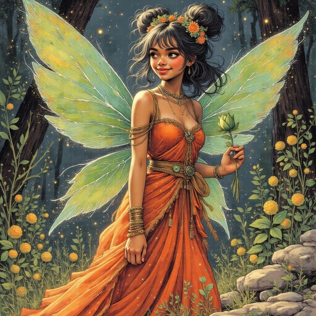 Indian Fairy Goddess in Traditional Sari Airbrush Art