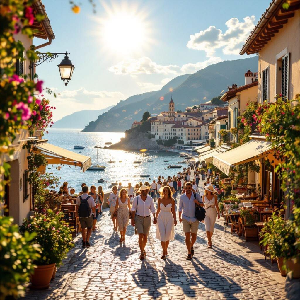 Красивое утро в приморском городе. Светит яркое солнце, внизу искрится море.
Жители радуются и гуляют по улицам.
Высокое разрешение. Высокая...