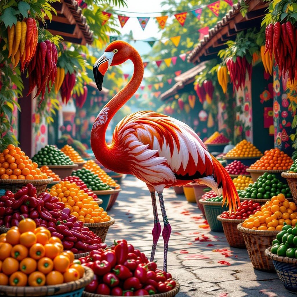 A majestic flamingo, adorned with intricate Dia de los Muertos sugar skull patterns, stands serenely amidst a vibrant, overflowing marketpla...
