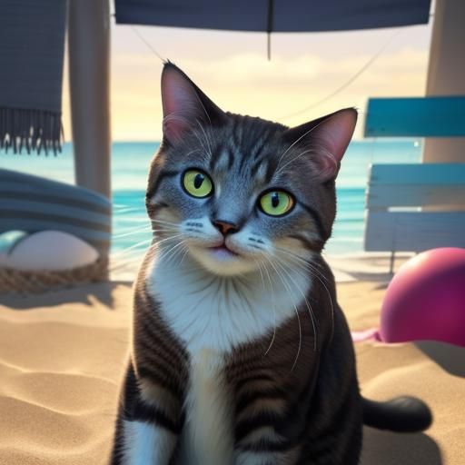 Hyperrealistic Cat on a Vibrant Beach at Sunset
