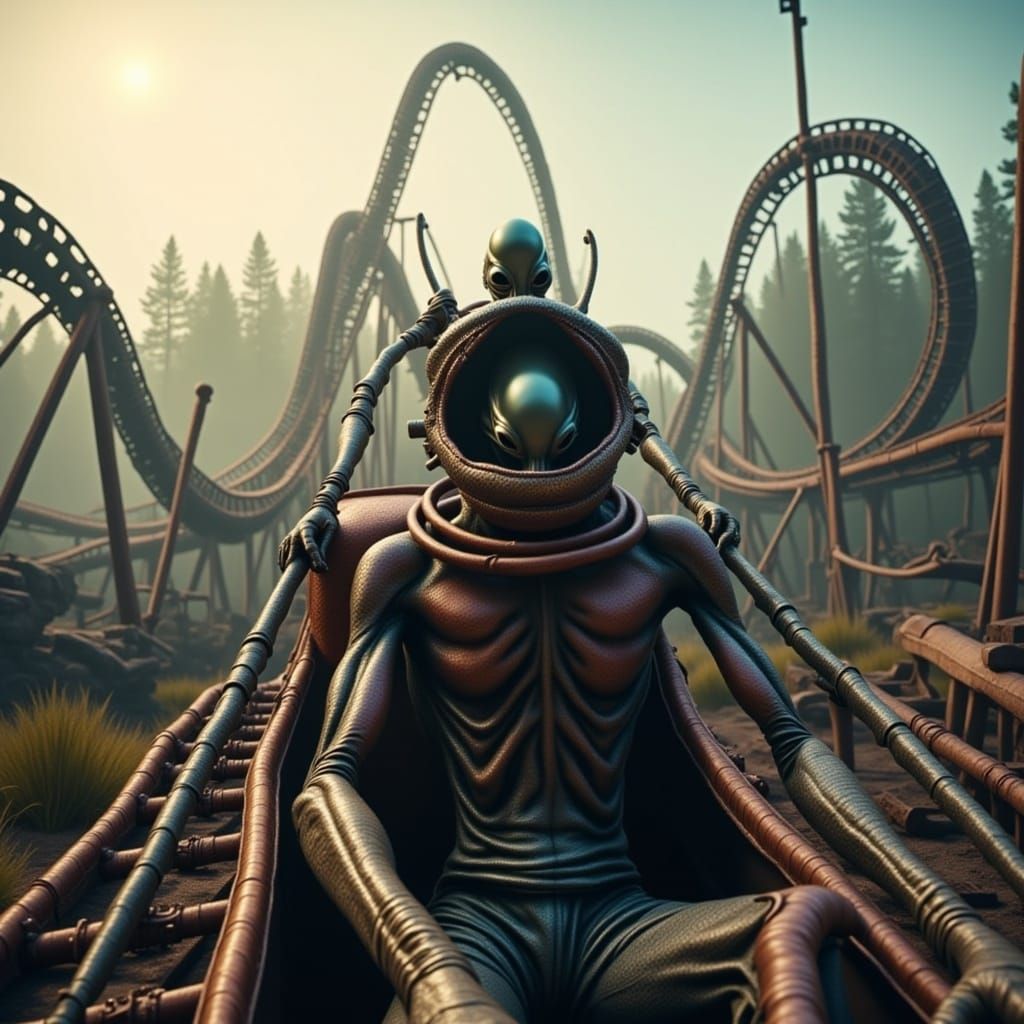 A perfect candid photograph of a transparent glowing xenomorph alien ghost riding a roller coaster in an abandoned theme park. HD DSLR sharp...