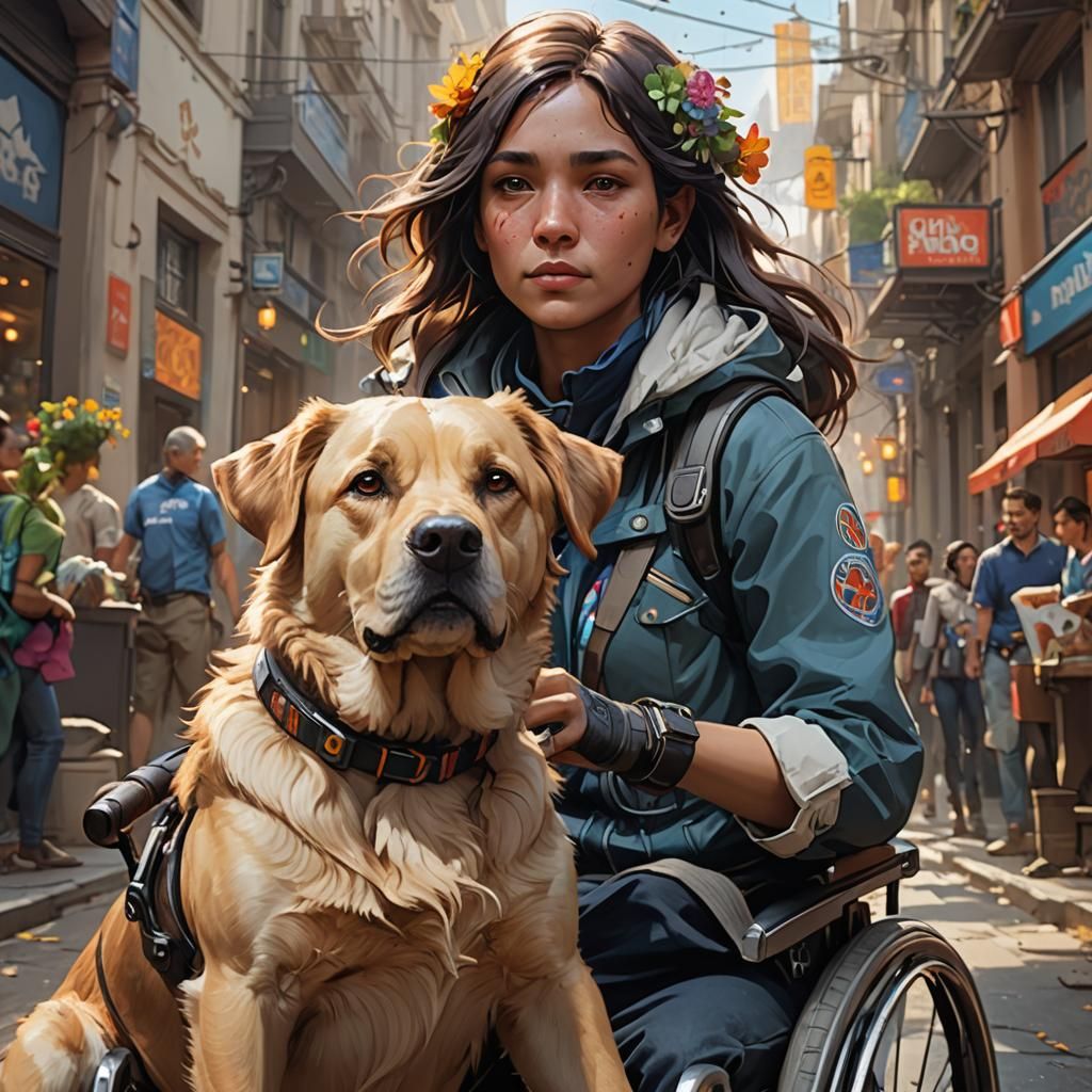 Support dog with disabled woman in wheelchair   by @Nina Camplin