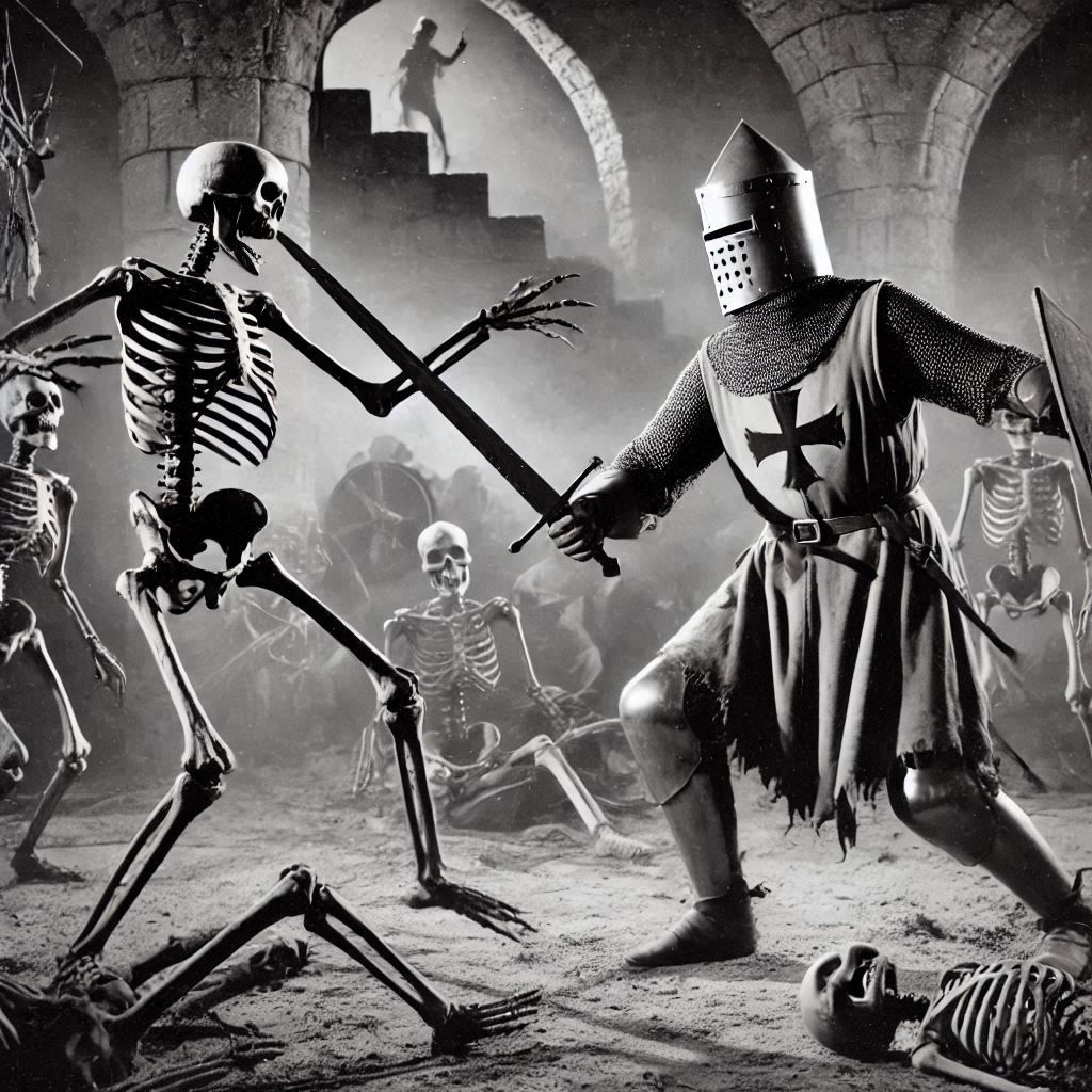Knight fighting skeletons