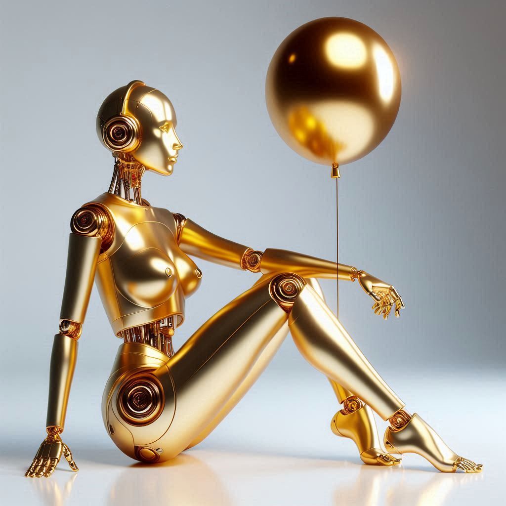 Android holding golden balloon