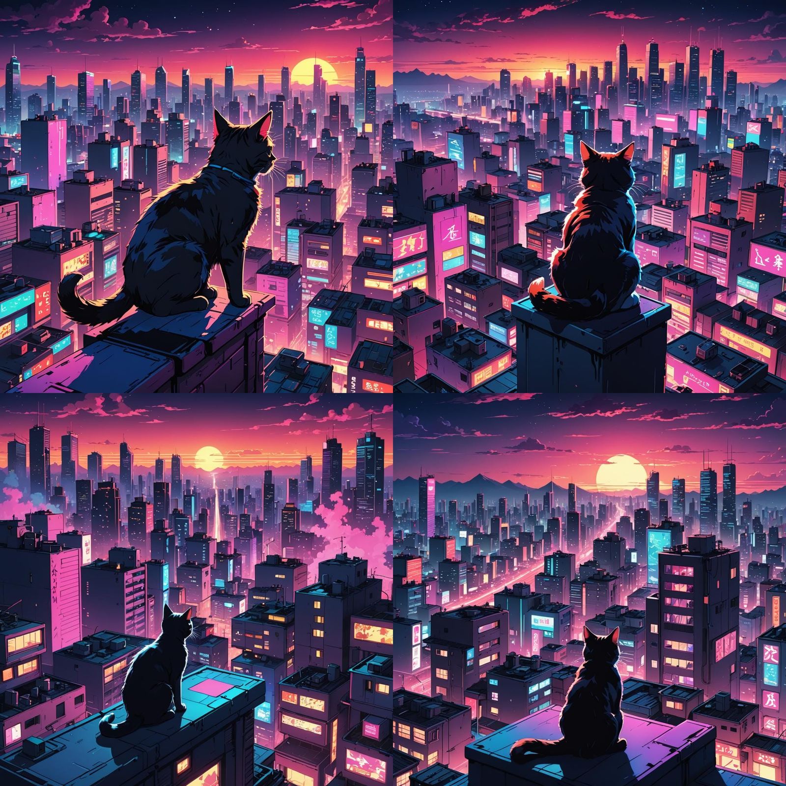 Synthwave night city view from above and a cat sitting on th...