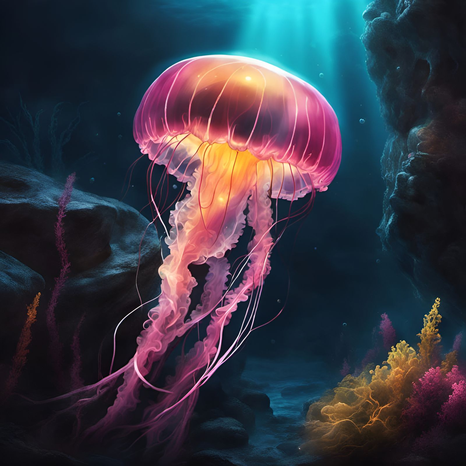 Deep Sea Bioluminescent Jellyfish  by @Muzza