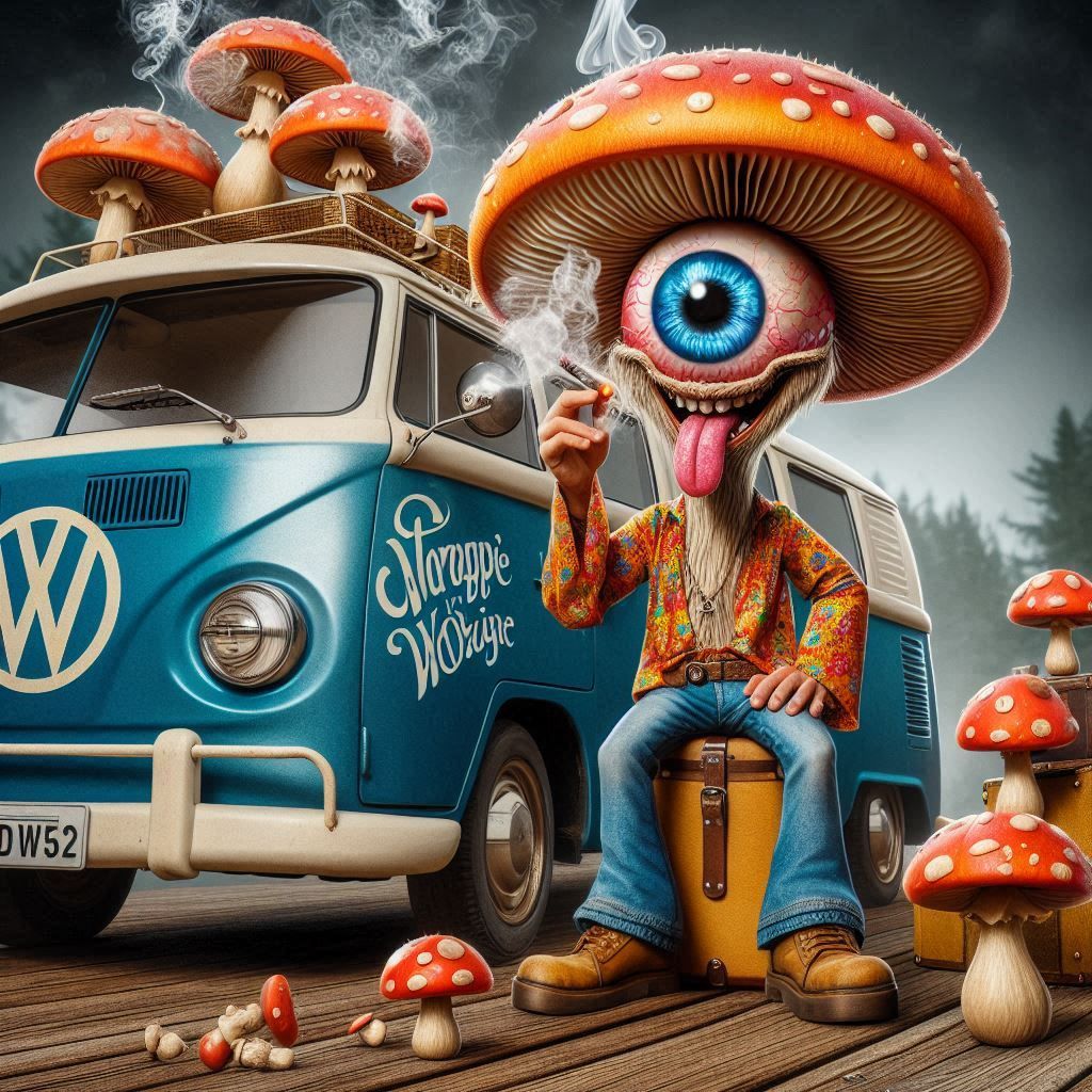 Crazy mushrooms with crazy eyes in the style of a hippie smo...