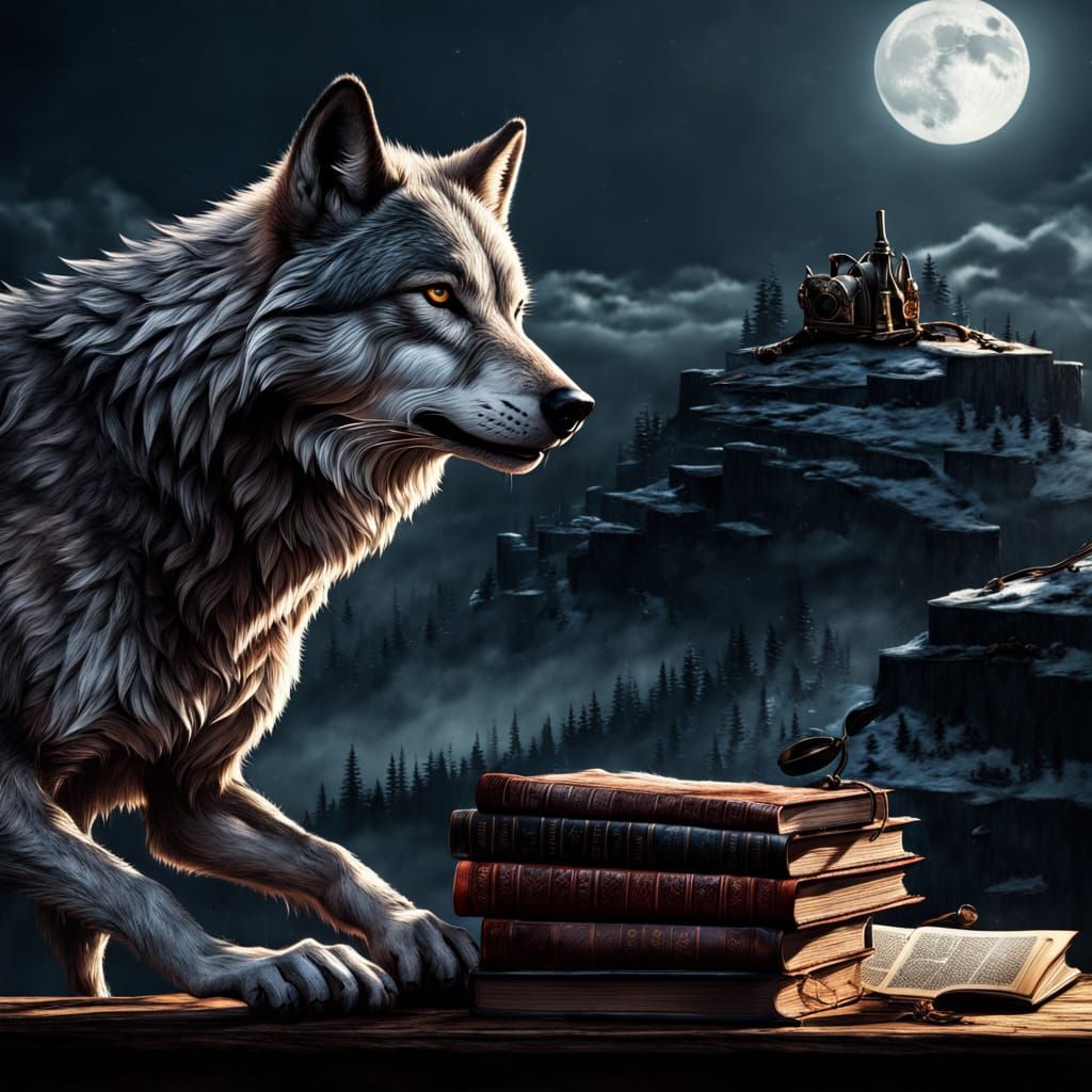 Wolf on Book Cliff in Hyper-Realistic Digital Art
