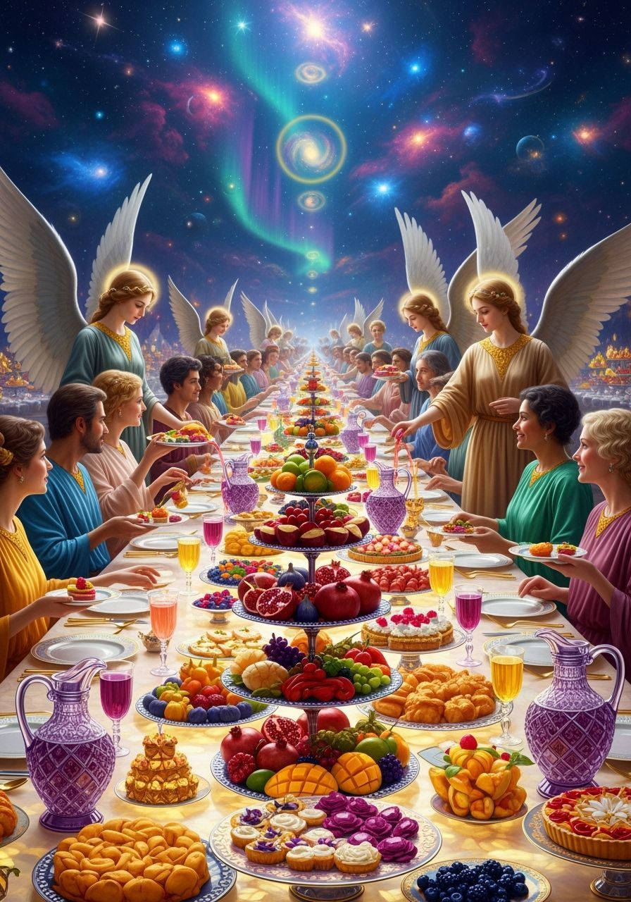 A cosmic, heavenly scene, of a banquet table that stretches off into the horizon. It is set with delicious ...  by @Secret_Strategem