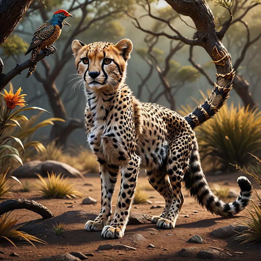 Baby cheetah and bird hybrid with a scorpion tail as its tai...