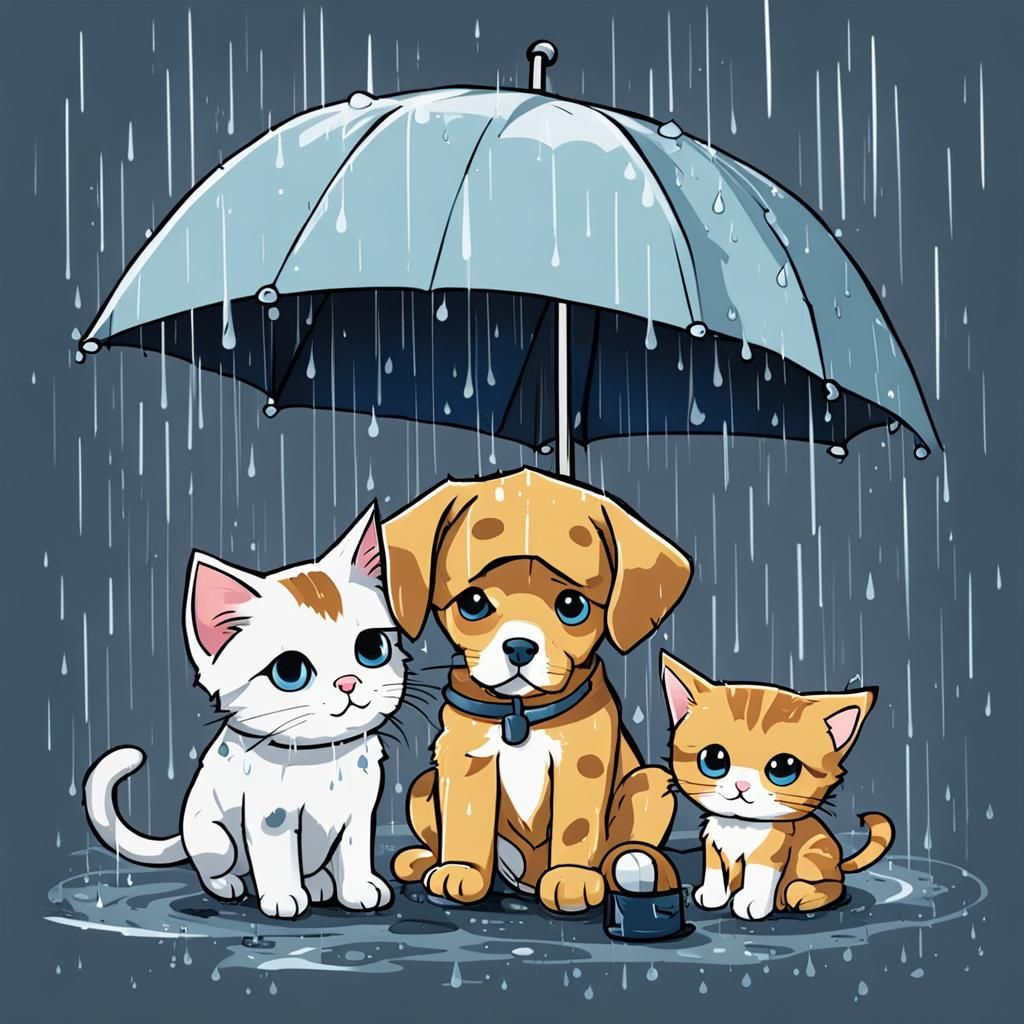 A chibified puppy & a (kitten)  sheltering under an umbrella...