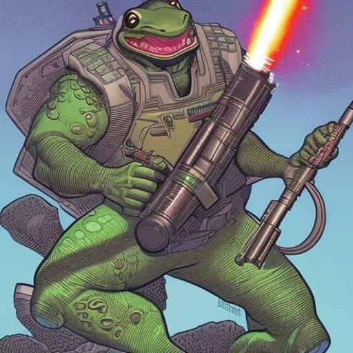 A frog wielding a rocket-launcher from a video game.