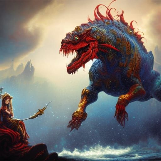 A scene from the opera Die Walküre with a Tyrannosaurus Rex ...