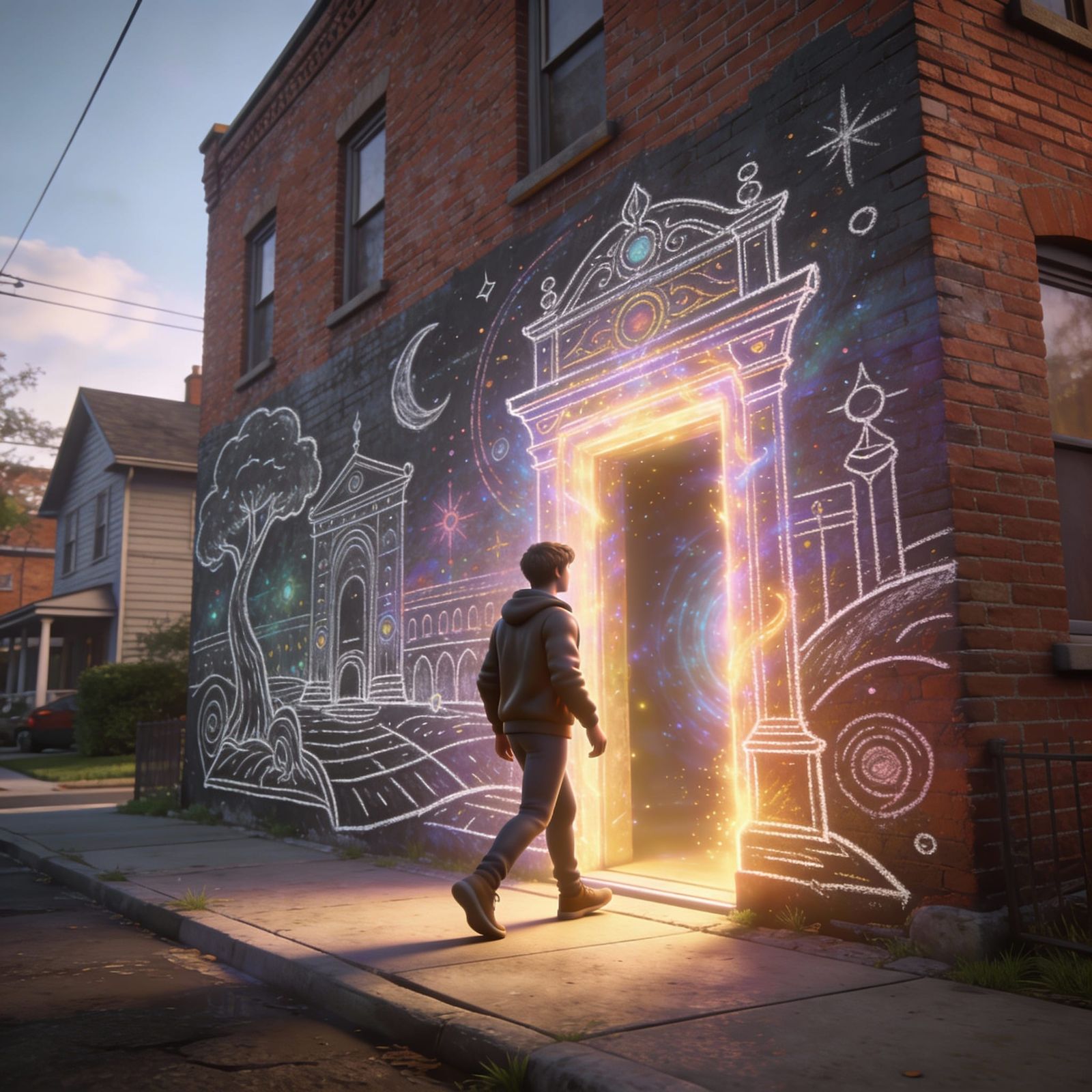 A flat mural drawn with chalk of a fantasy gateway on the side of a brick building in a downtown suburban ...  by @Cake