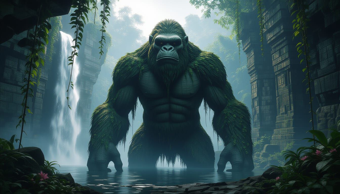 A colossal, ancient stone ape statue, weathered by centuries, stands partially submerged in a misty, forgotten jungle waterfall. Vines cling...