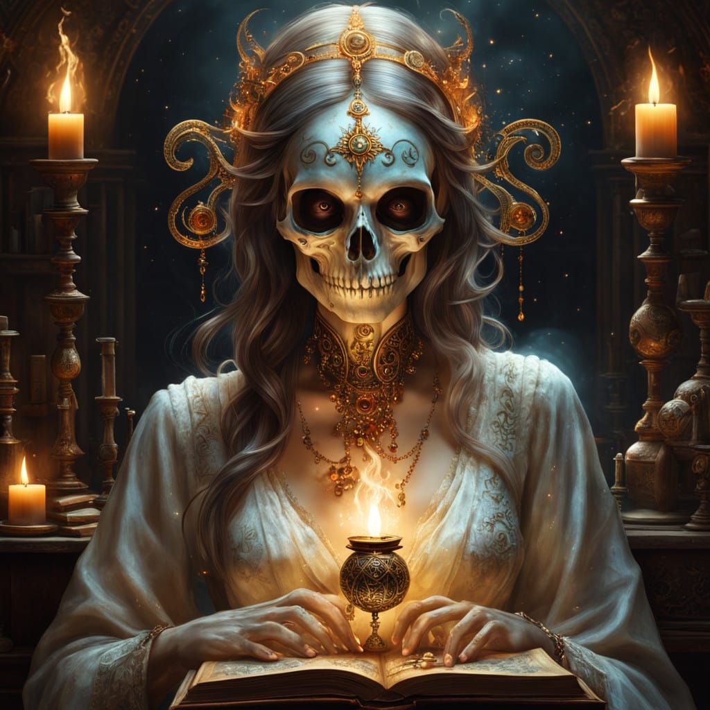 Thé reaper ia a girl skull, Old alchemist in medieval alchemist's laboratory and ancient tomes and vapor and magical light. Big alchemy symb...