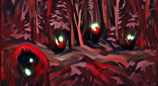red glowing eyes in a dark forest