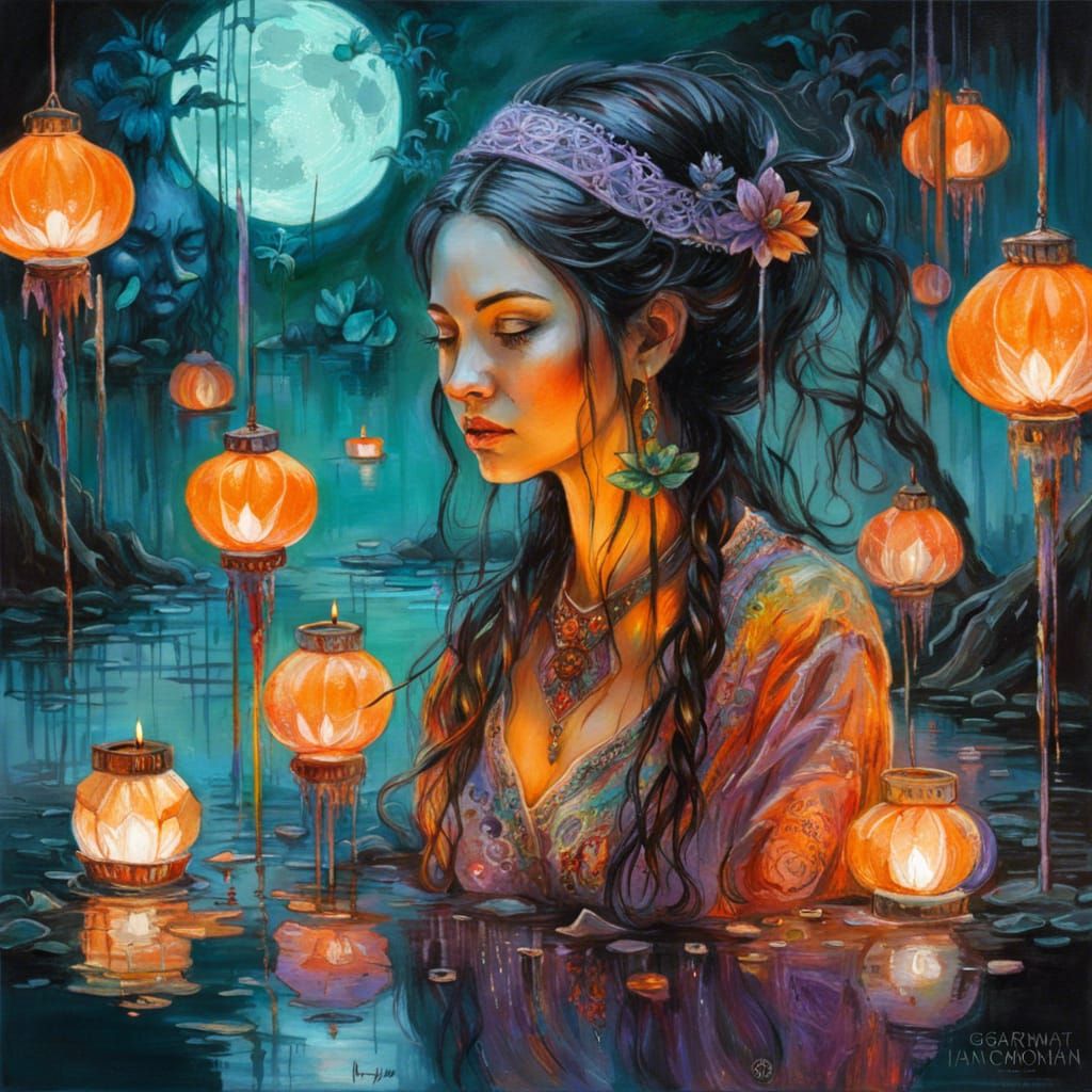 Bioluminescent Moon Goddess in Mirrored Dark Fantasy