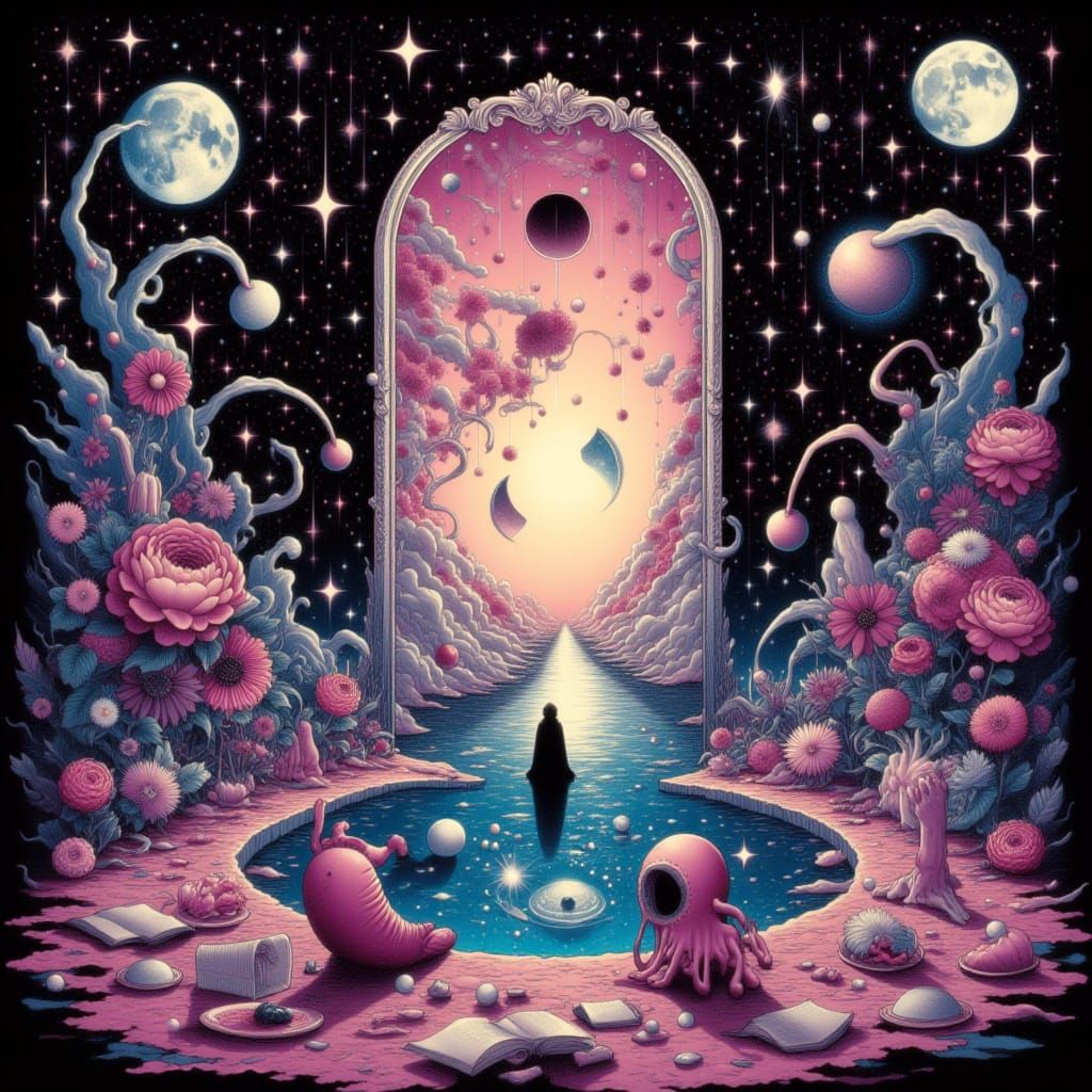 my macabre is a hole and I'm floating in a corrosive liquid inside, surreal dreamscape, 8k, manhwa illustration by shintaro kago and Umezz, ...