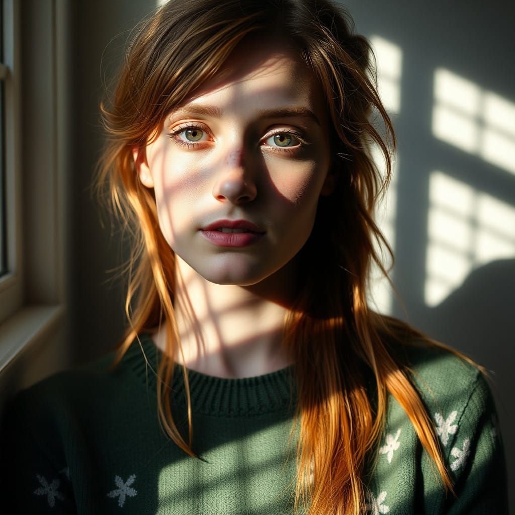 Woman in Green Shibori Sweater with Dramatic Shadows