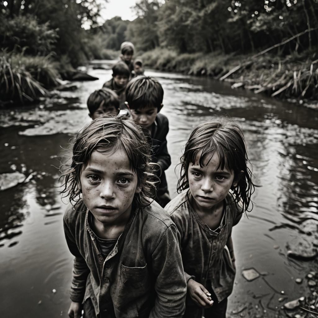 Children playing by a river