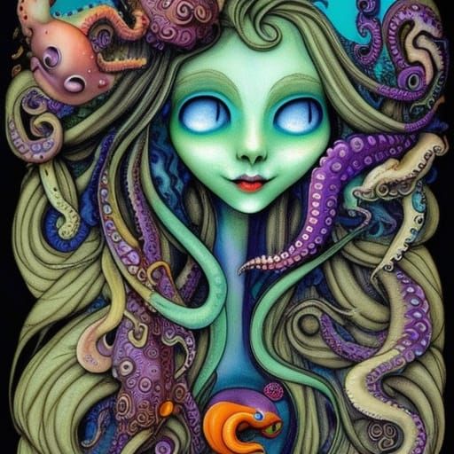 Sea witch half woman half octopus full portrait by lisa frank by Brian ...