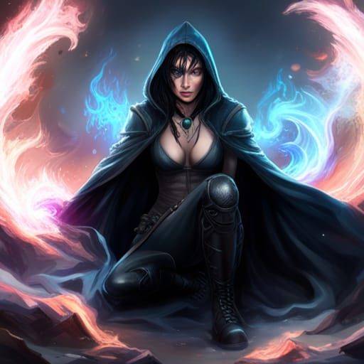 Sorcerer, female, athletic build, flowing raven black hair, icy blue eyes, tattoos on arms, dark edgy attire, black jean...