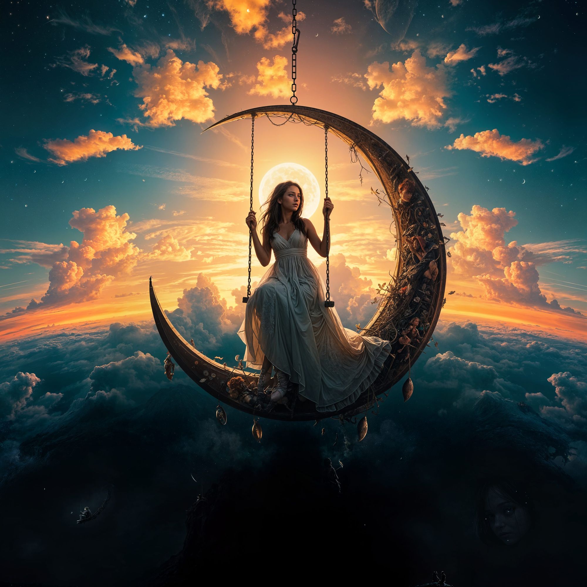 Double exposures, Girl sitting on a swing on a cresent moon, sunset, masterpiece, fine art, by Andreas Lie, Bojan Jevtic and Ashley Wood, sp...