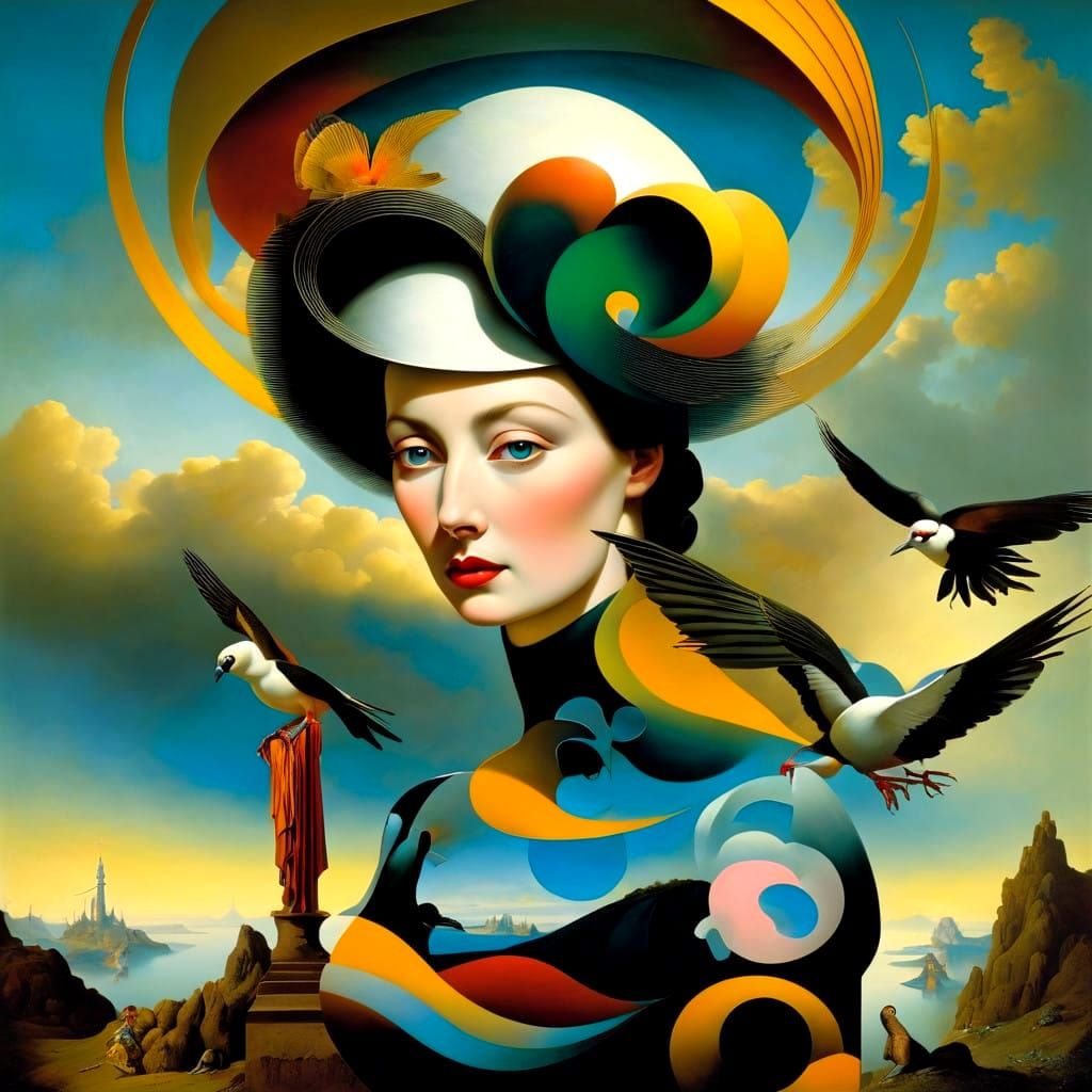 Elegant Female Figures in a Vibrant Surrealistic Masterpiece