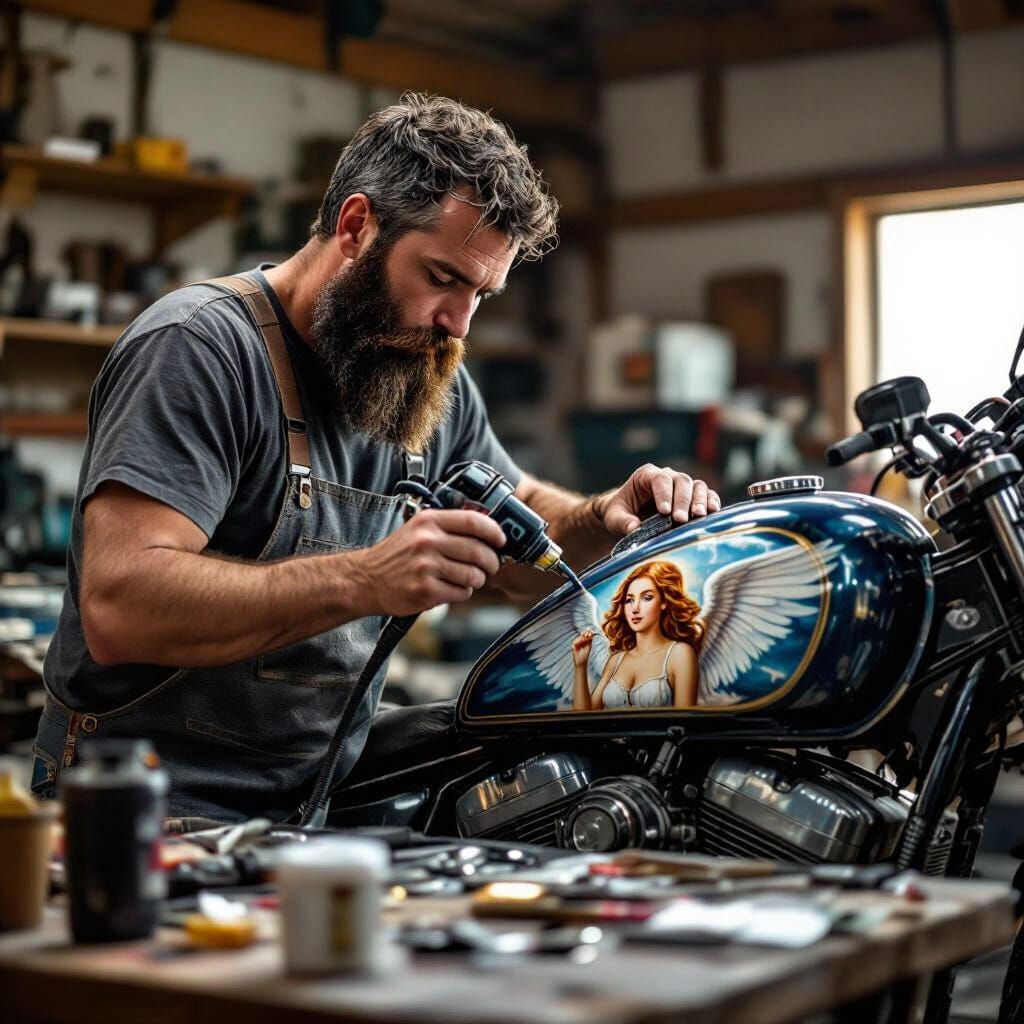 A bearded  man beard scruffy jeans and t shirt uses an airbrush on a motorcycle fuel tank on  a workbench, ...  by @Gothickat