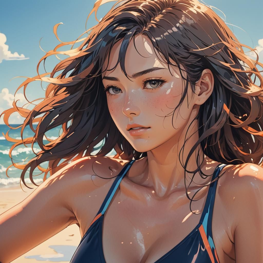 Anime Woman Sweating on Sunny Beach