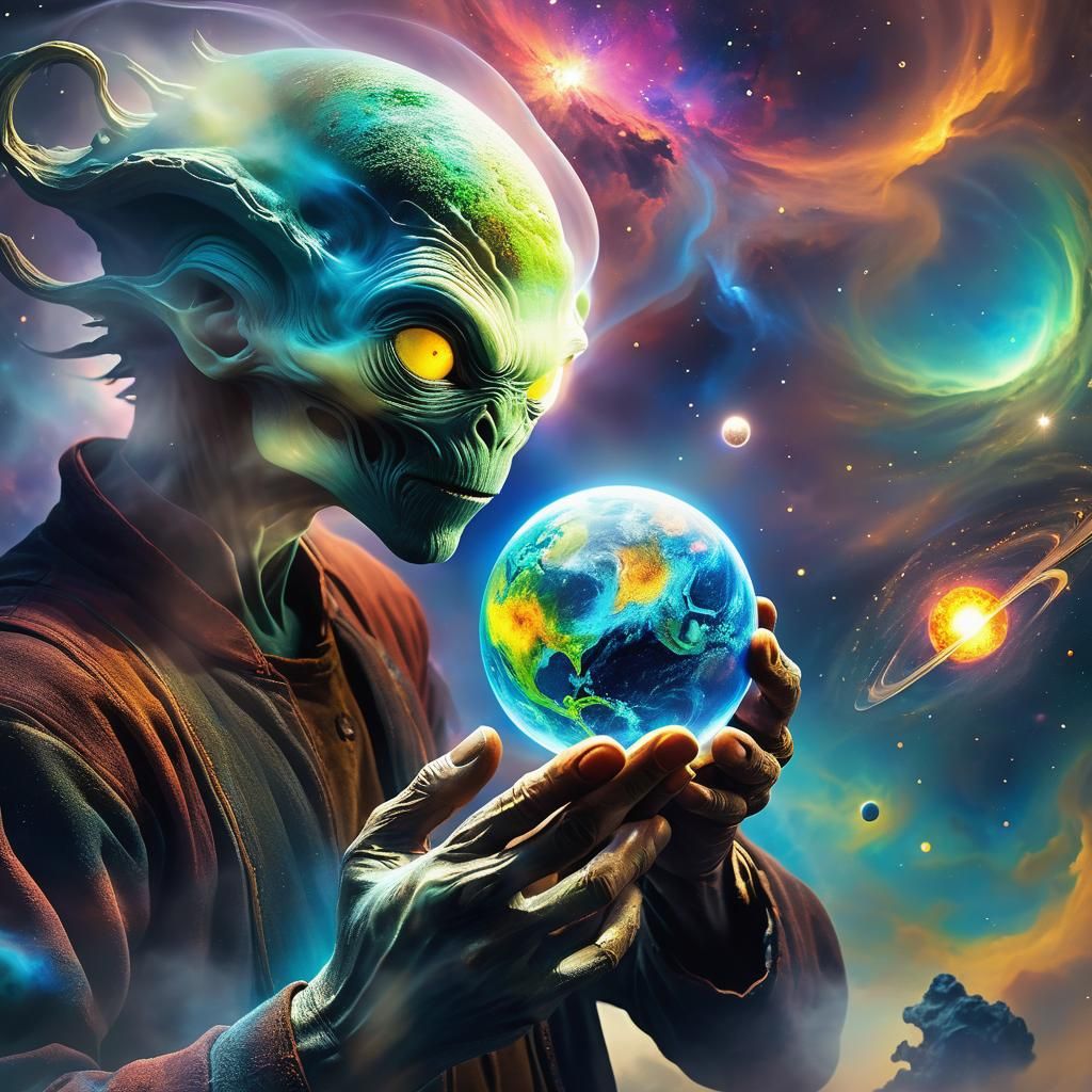 Alien Examines Earth in Van Gogh Dreamscape