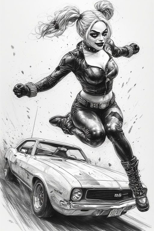 Harley Quinn, in a stylized, vibrant costume, is captured mi...