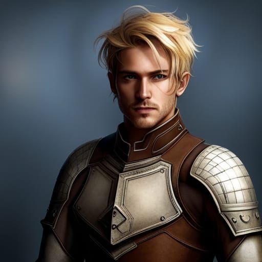 Male Human Soldier. Has blonde hair and bright brown eyes, a...