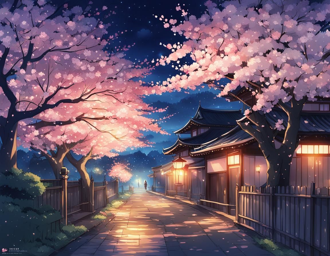 Cherry Blossom Tree at Night in Anime Style