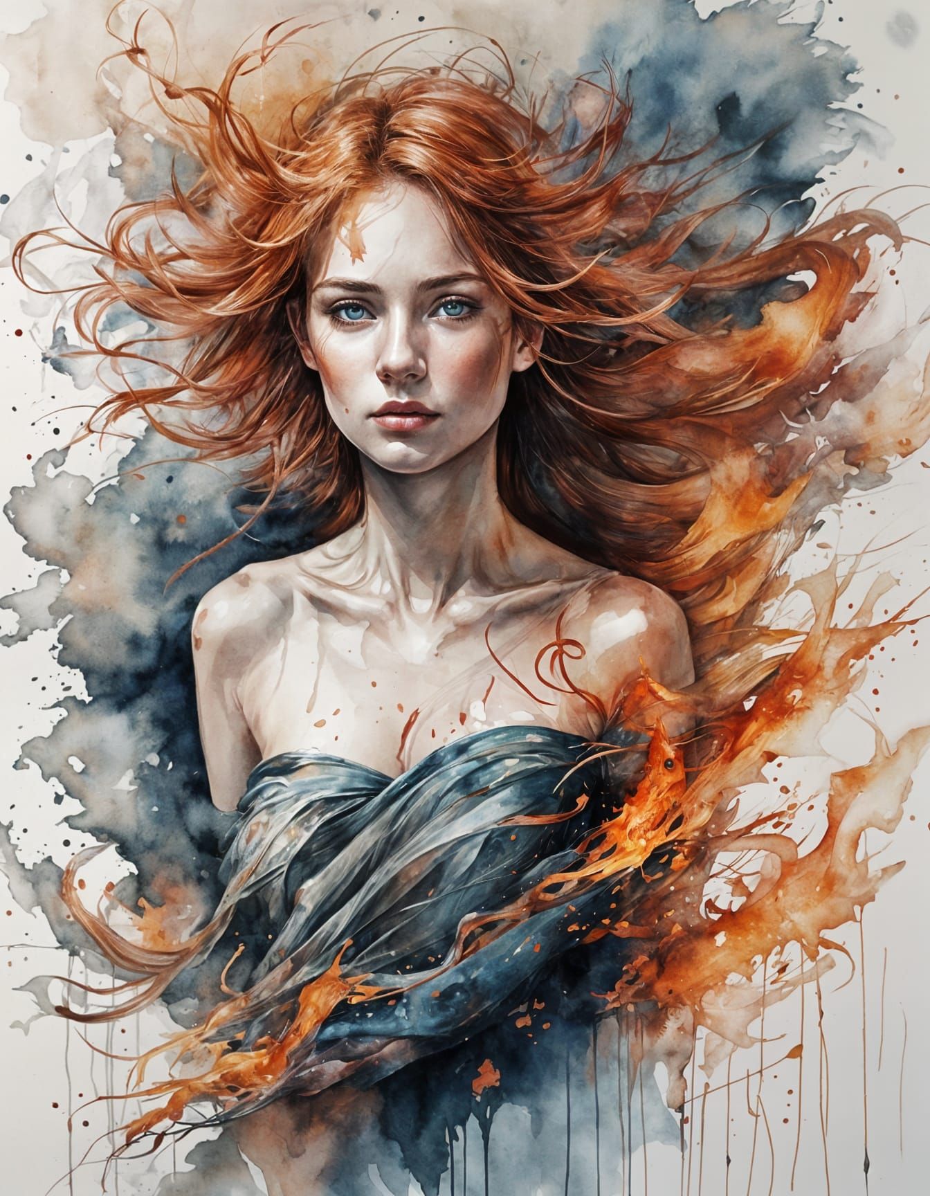 Smoldering Fire Woman, Ink and Watercolor  by @Wrench