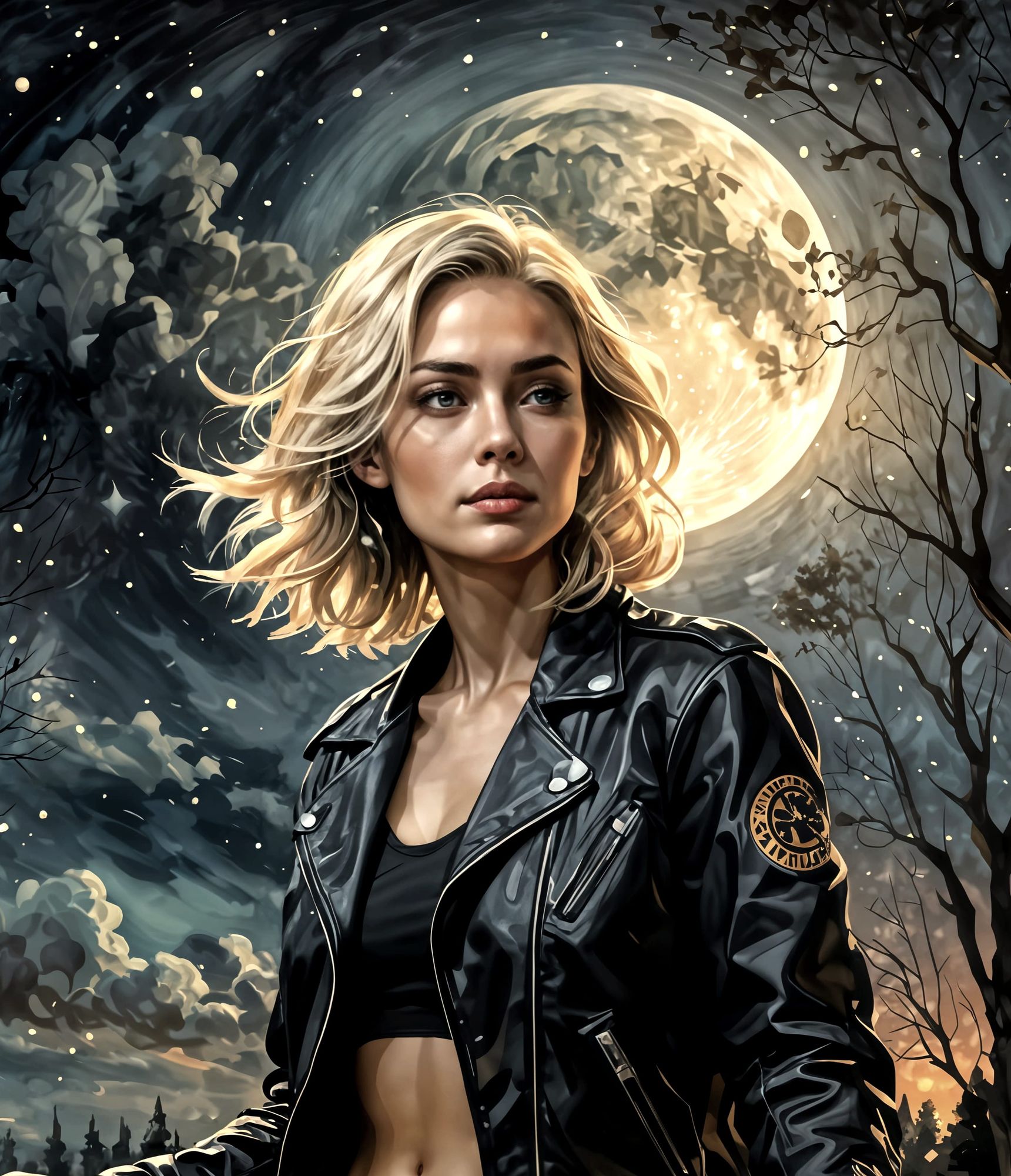 nightfall stars moon clouds trees red heart call of flesh beautiful  woman sitting on a sports bike, hands on the steering wheel leather bia...