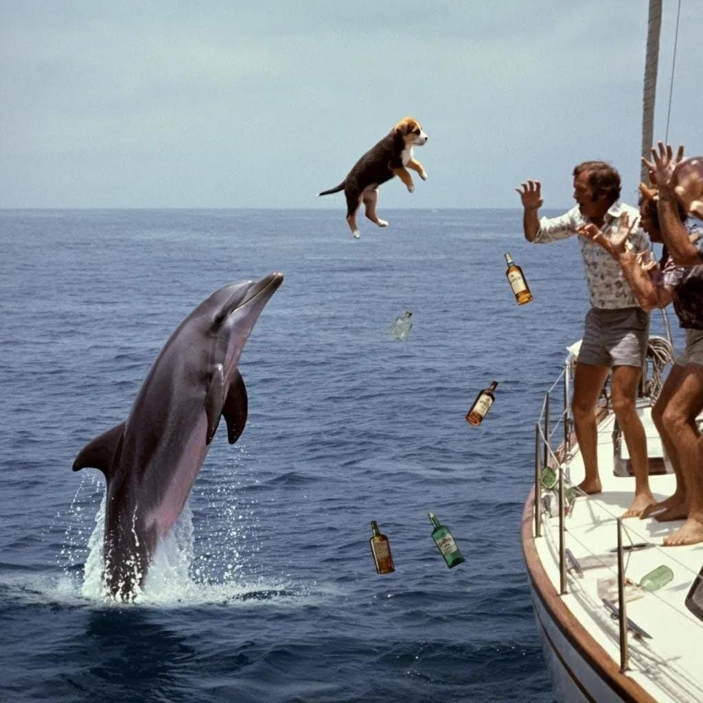 A dolphin making a valiant effort to bounce a puppy that has...