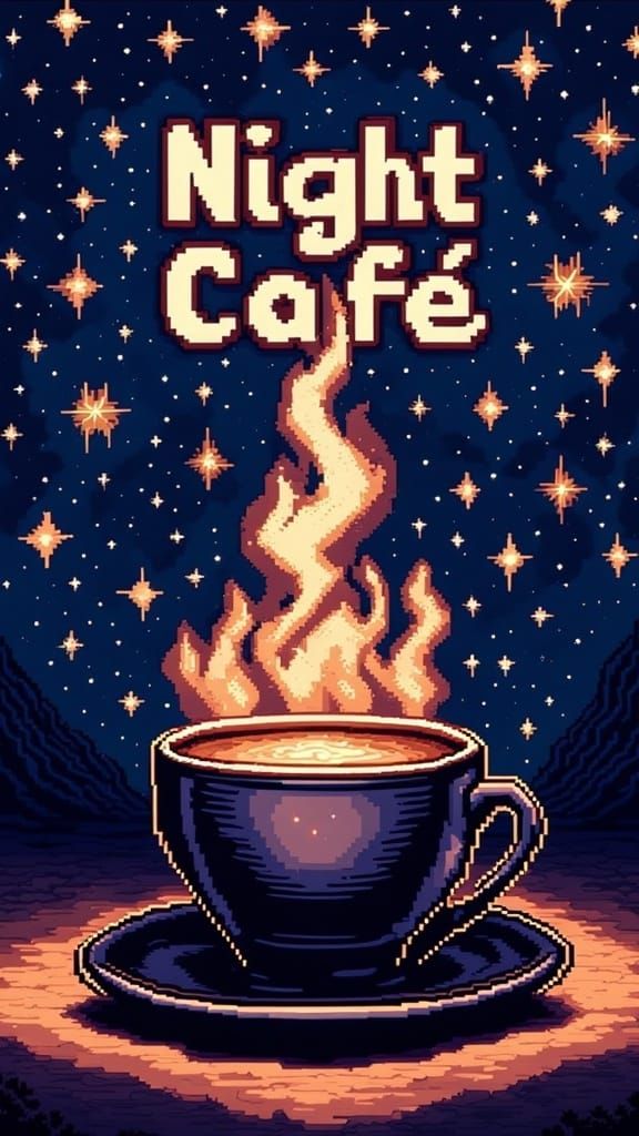 <lora:Bit Code Breaker:1.0> Pixel art, 8 bit, Latte art with the text "Night Café"¸ above an spaceman, intricate stars surrounding the space...