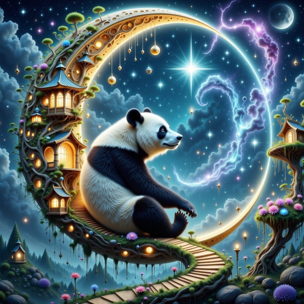 <lora:FiosCrescentMoons:1.0> A majestic giant panda in a luminous crescent moon
<fioscrescentmoons>      impossible physics
luminous crescen...