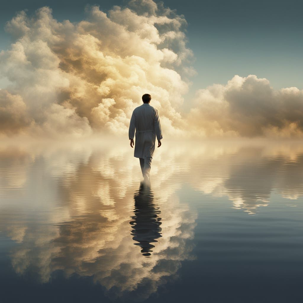 Surreal Cloud-Man Walking on Water