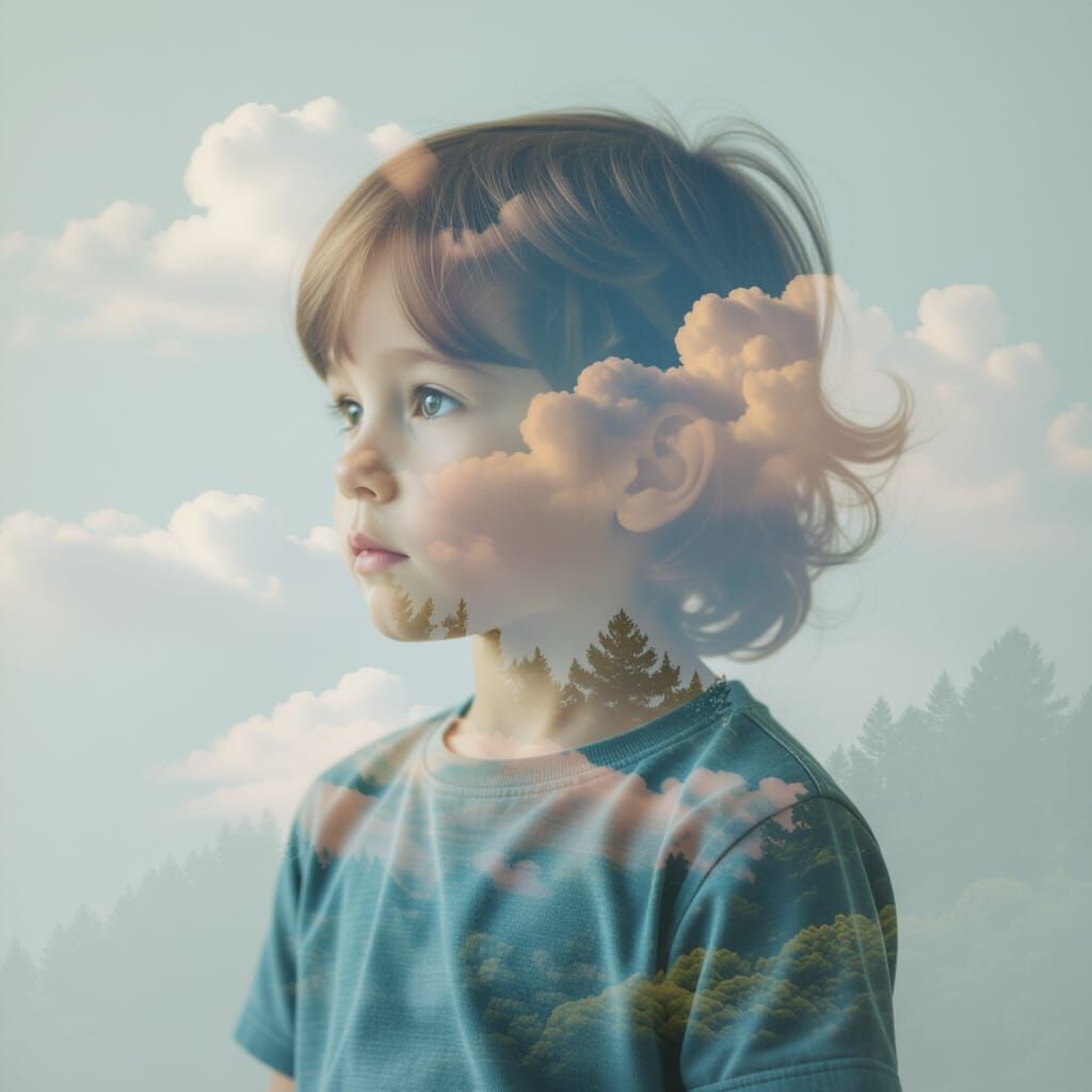 Child's Silhouette Blending Nature and Clouds in Watercolor ...