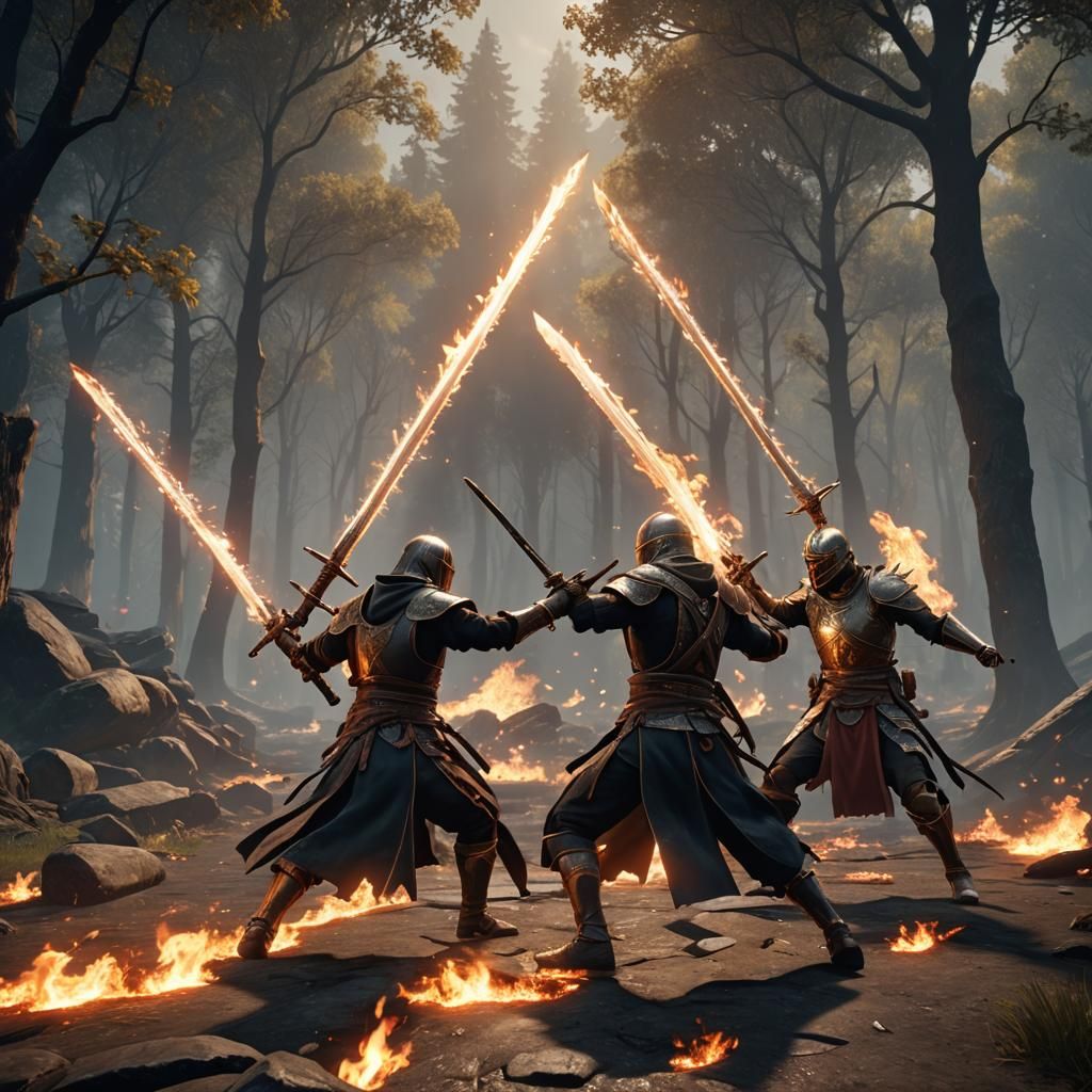 a epic sword duel with flaming swords