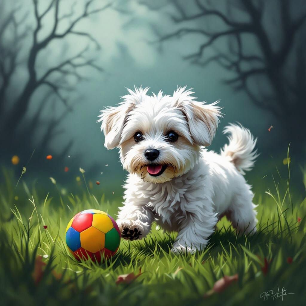 Small White Dog Playing Ball in Dark Fantasy Style
