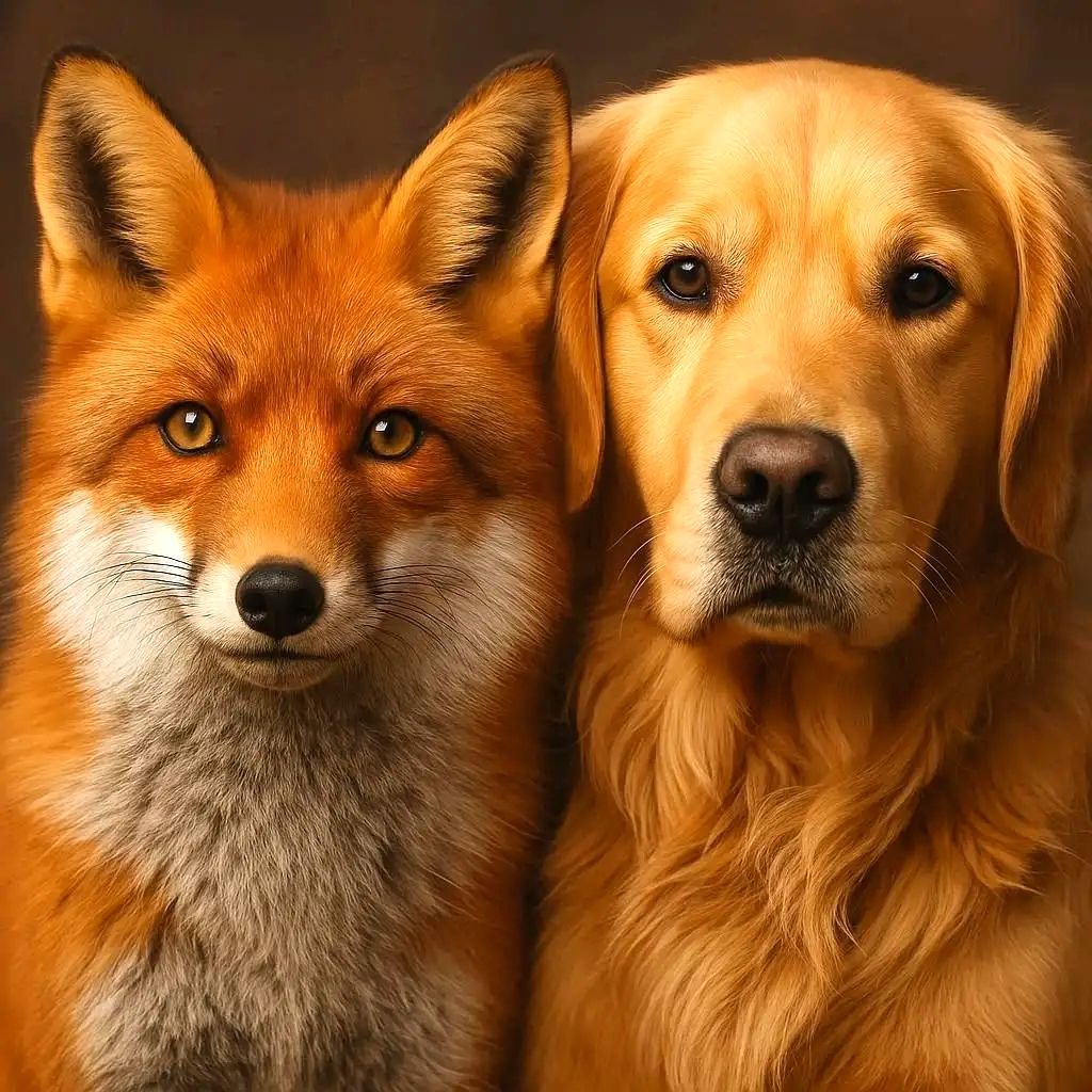 Once enemies by nature, the fox and the golden retriever became inseparable friends....  by @AI Nightrider