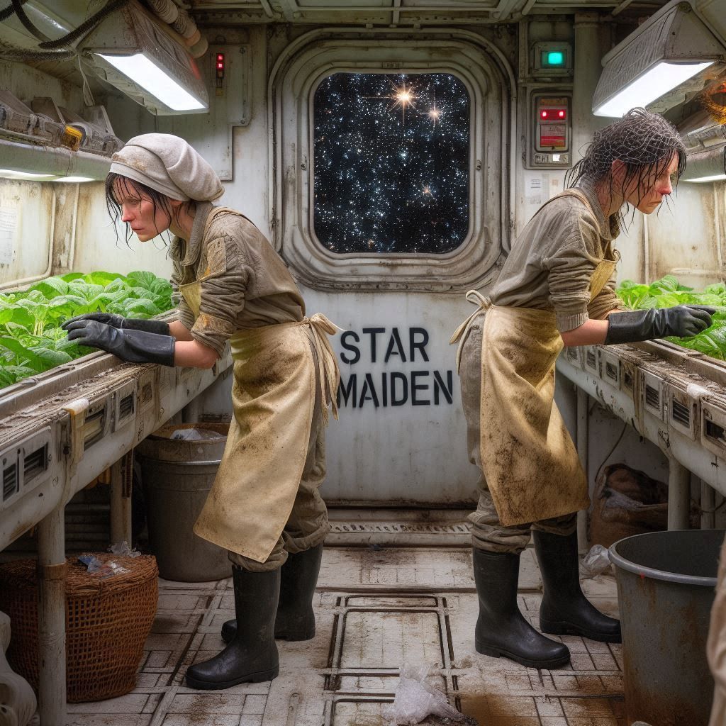 Ship's cook checking the hydroponics bay of an old spacefrei...