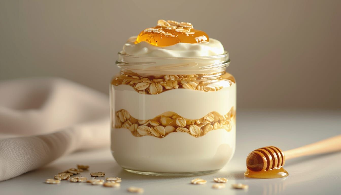 A clear jar filled with layers of creamy yogurt and oatmeal, topped with a beautiful golden honey layer that glistens, making it visually ap...