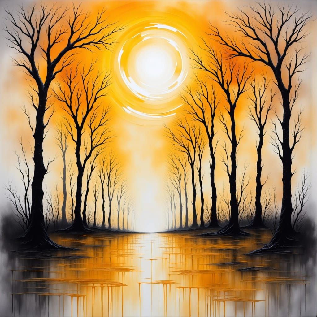 <lora:Olii flux:1.0> Depicting Melting  and dripping sun, Double exposure: sky  melting and clouds melting, behold the abyss of madness, as ...